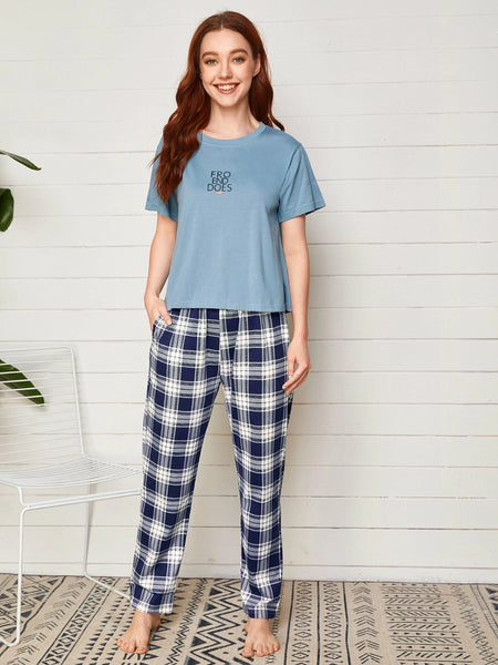 Blue With White Checkered Pajama Night Suit For Women