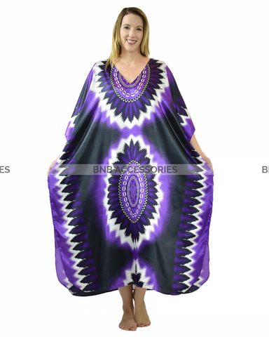 Black Purple & White Style Printed Long Caftan For Women
