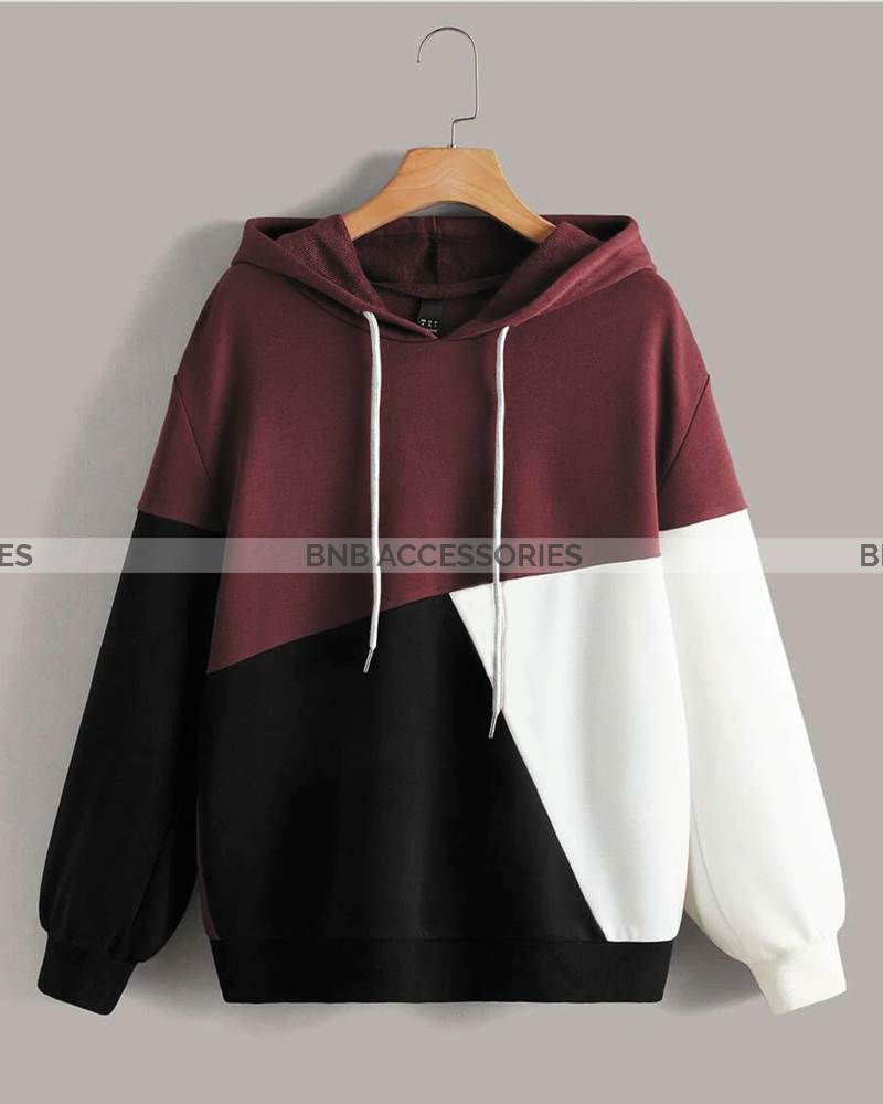 Maroon Black and White Cut and Sew Kangaroo Hoodie For Women BnB