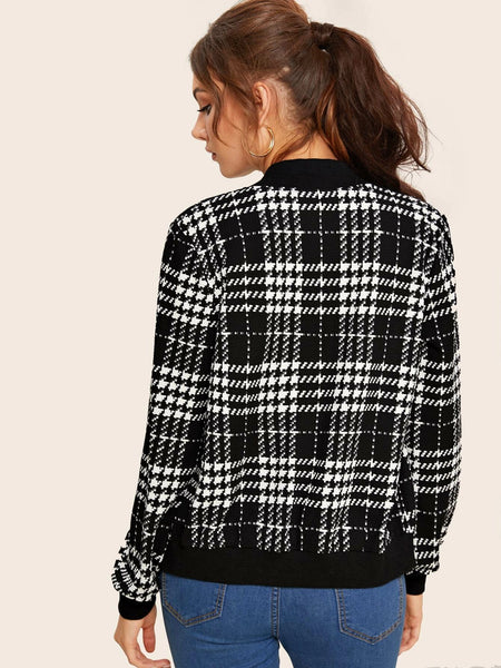 Black Checkered Bomber Jacket For Women