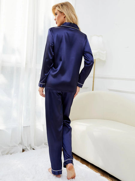 Blue With White Pipin Silk Pj Set For Women