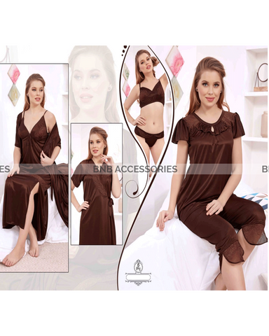 Umber 6 piece mesh and lace silk lingerie set for women
