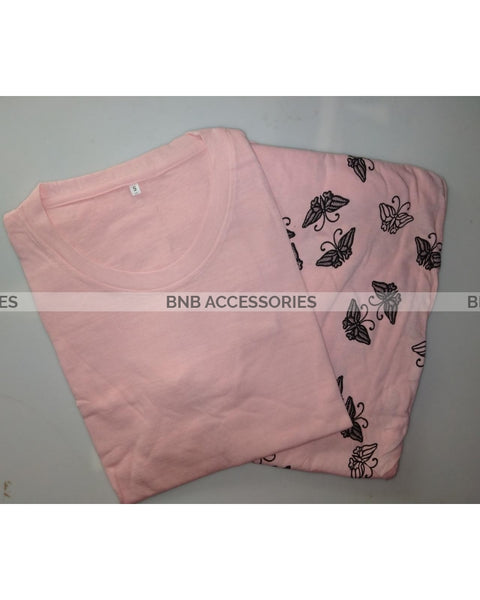 Baby Pink With Butterfly Printed Pajama Night Suit For Women