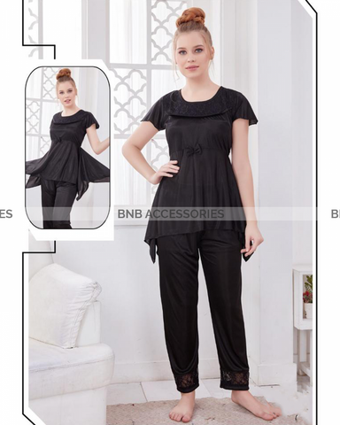 Black soft silk baby doll style night suit for women