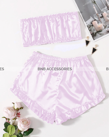 Pink Satin Striped Frill Trim Tube Top And Shorts Set For Women