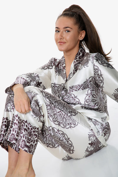 White Royal Style Silk Pj Set For Women