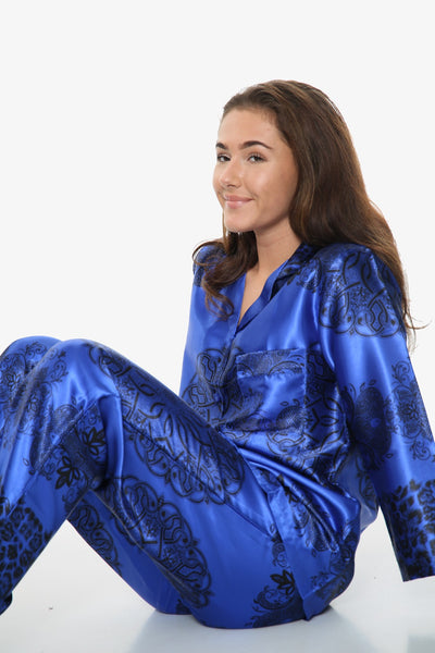 Blue Royal Style Silk Pj Set For Women