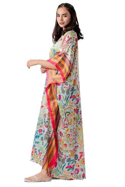 Azure Blossom Silk Caftan For Women