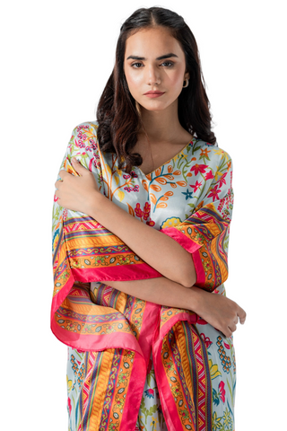 Azure Blossom Silk Caftan For Women
