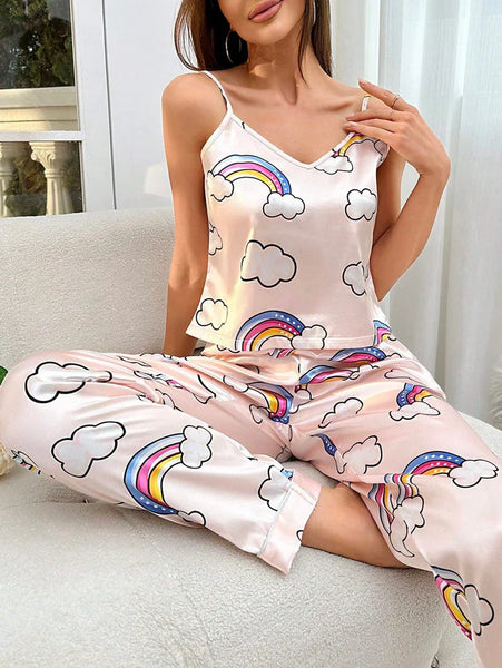 Dreamy Cloudscape Silk Cami Top & Pants PJ Set For Women