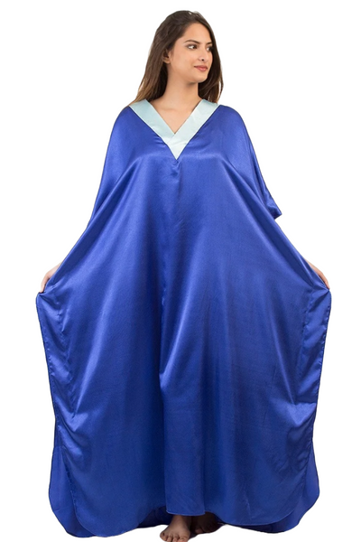 Royal Blue With Contrast Neck Plain Silk Caftan For Women