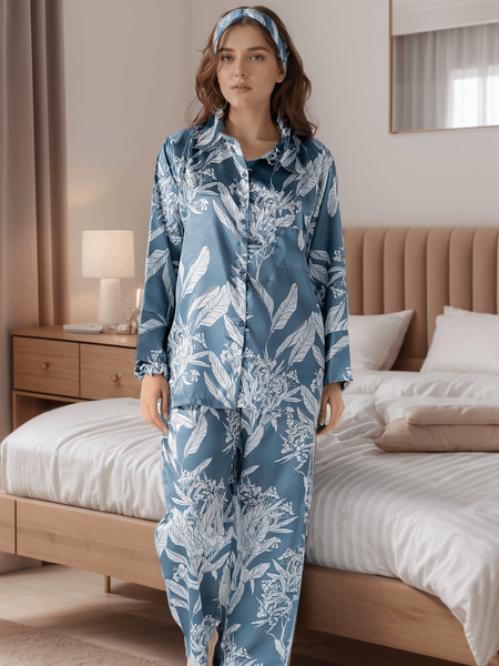 Azure Bloom Satin Silk 5 Piece Pj Set For Women