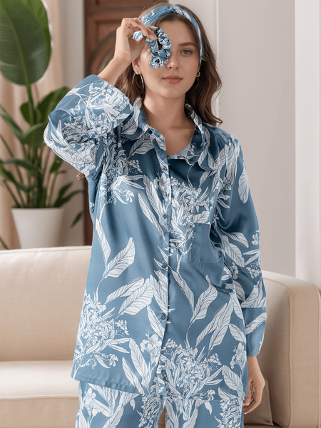 Azure Bloom Satin Silk 5 Piece Pj Set For Women