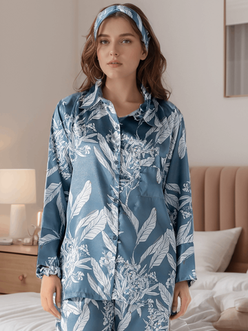 Azure Bloom Satin Silk 5 Piece Pj Set For Women