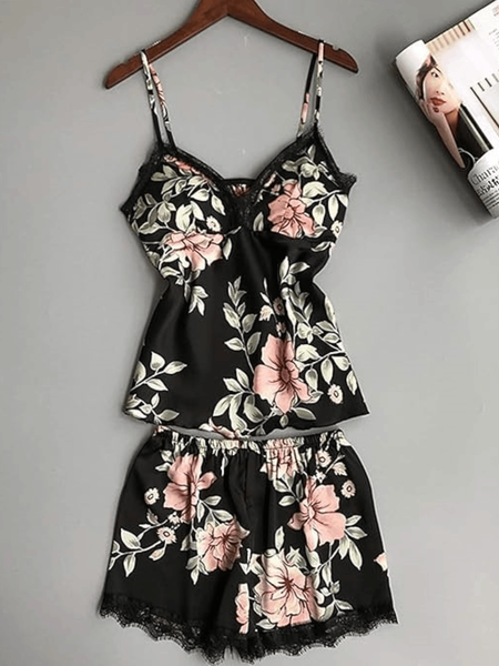 Black Rose Lace Silk Cami Set For Women