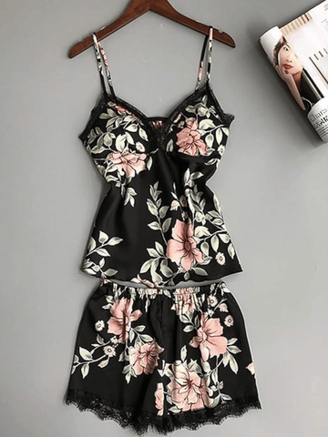 Black Rose Lace Silk Cami Set For Women