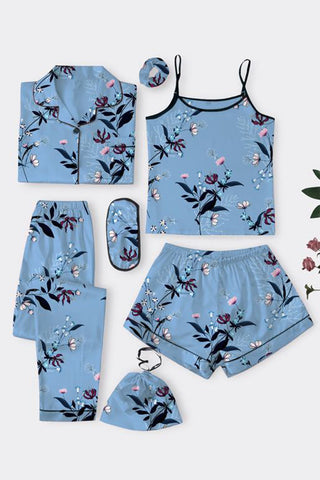Blue Serenity 7 Piece Satin Silk Lingerie Set For Women