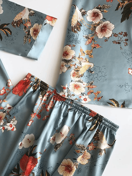 Botanical Bliss 3 Piece Satin Silk Lingerie Set For Women