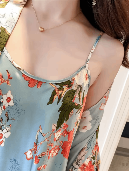 Botanical Bliss 3 Piece Satin Silk Lingerie Set For Women