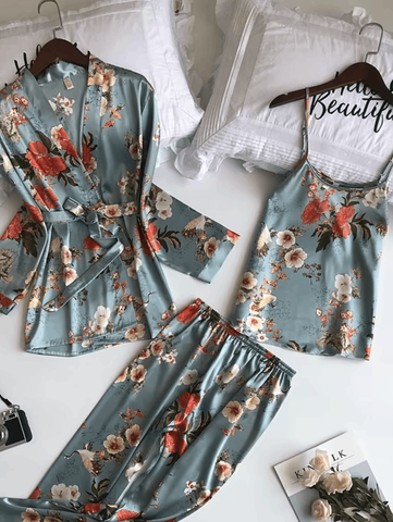 Botanical Bliss 3 Piece Satin Silk Lingerie Set For Women