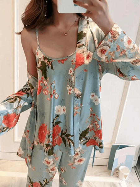 Botanical Bliss 3 Piece Satin Silk Lingerie Set For Women