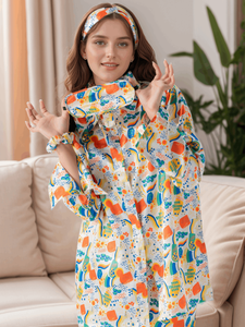 Colorful Fusion Satin Silk 5 Piece Pj Set For Women