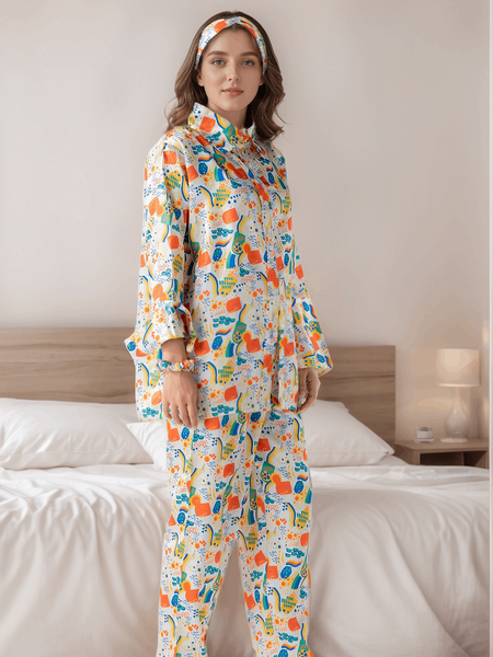 Colorful Fusion Satin Silk 5 Piece Pj Set For Women