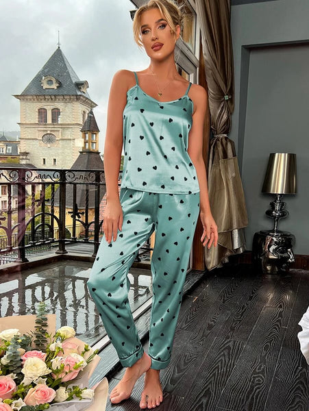 Enchanted Mint Silk Cami Top & Pants PJ Set For Women