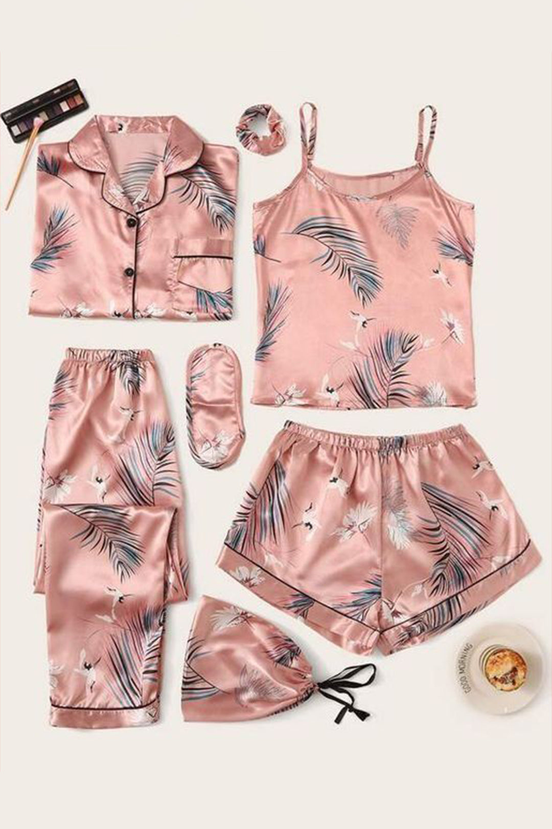 Flora Fauna 7 Piece Satin Silk Lingerie Set For Women