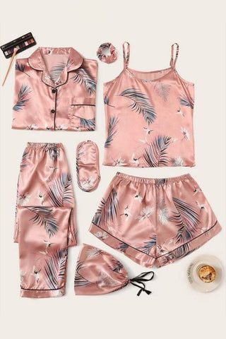 Flora Fauna 7 Piece Satin Silk Lingerie Set For Women