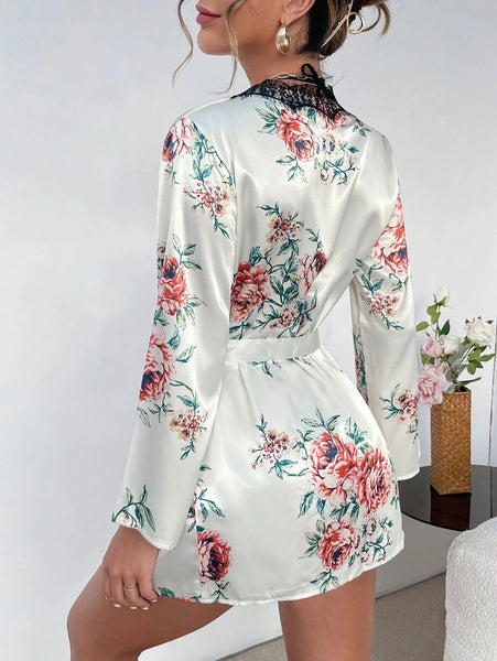 Floral Dream Cami Set With Belted Robe For Women