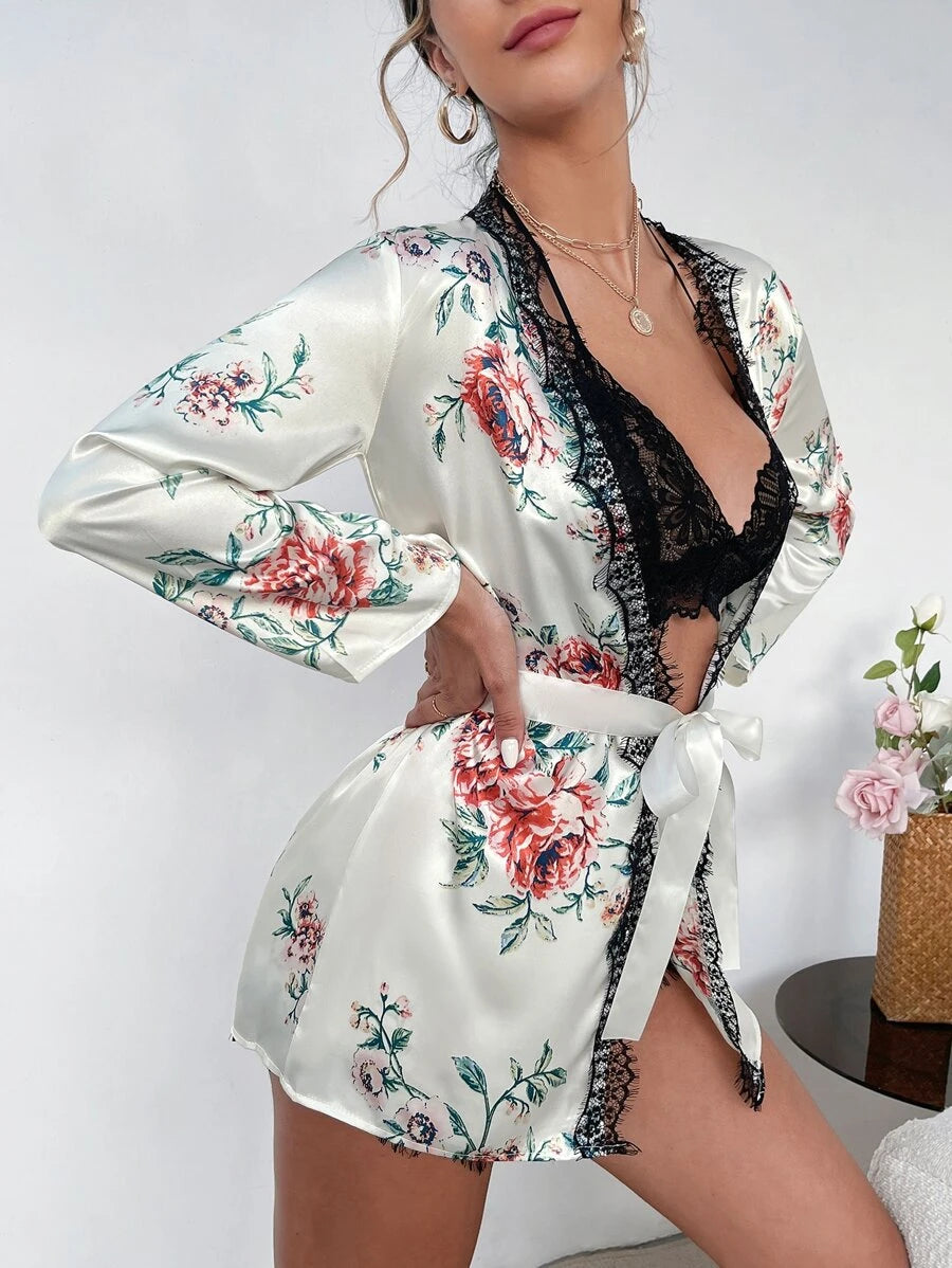 Floral Dream Cami Set With Belted Robe For Women