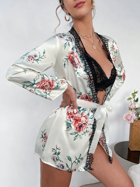 Floral Dream Cami Set With Belted Robe For Women