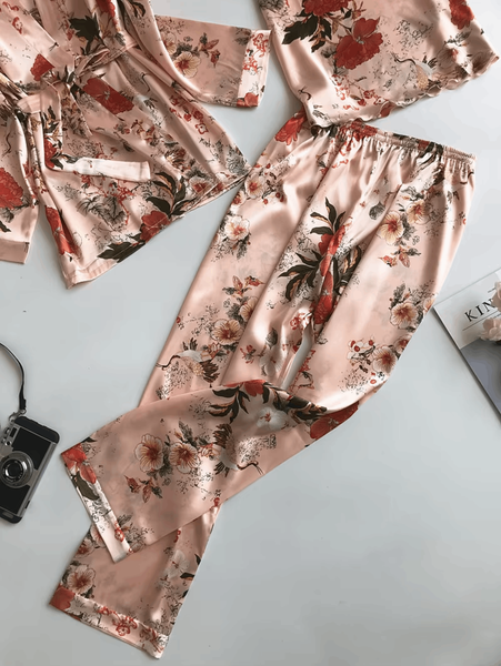 Floral Grace 3 Piece Satin Silk Lingerie Set For Women