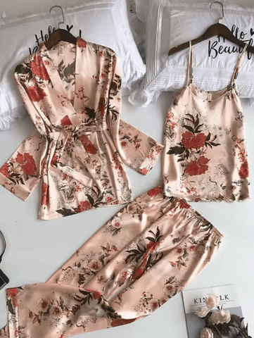 Floral Grace 3 Piece Satin Silk Lingerie Set For Women