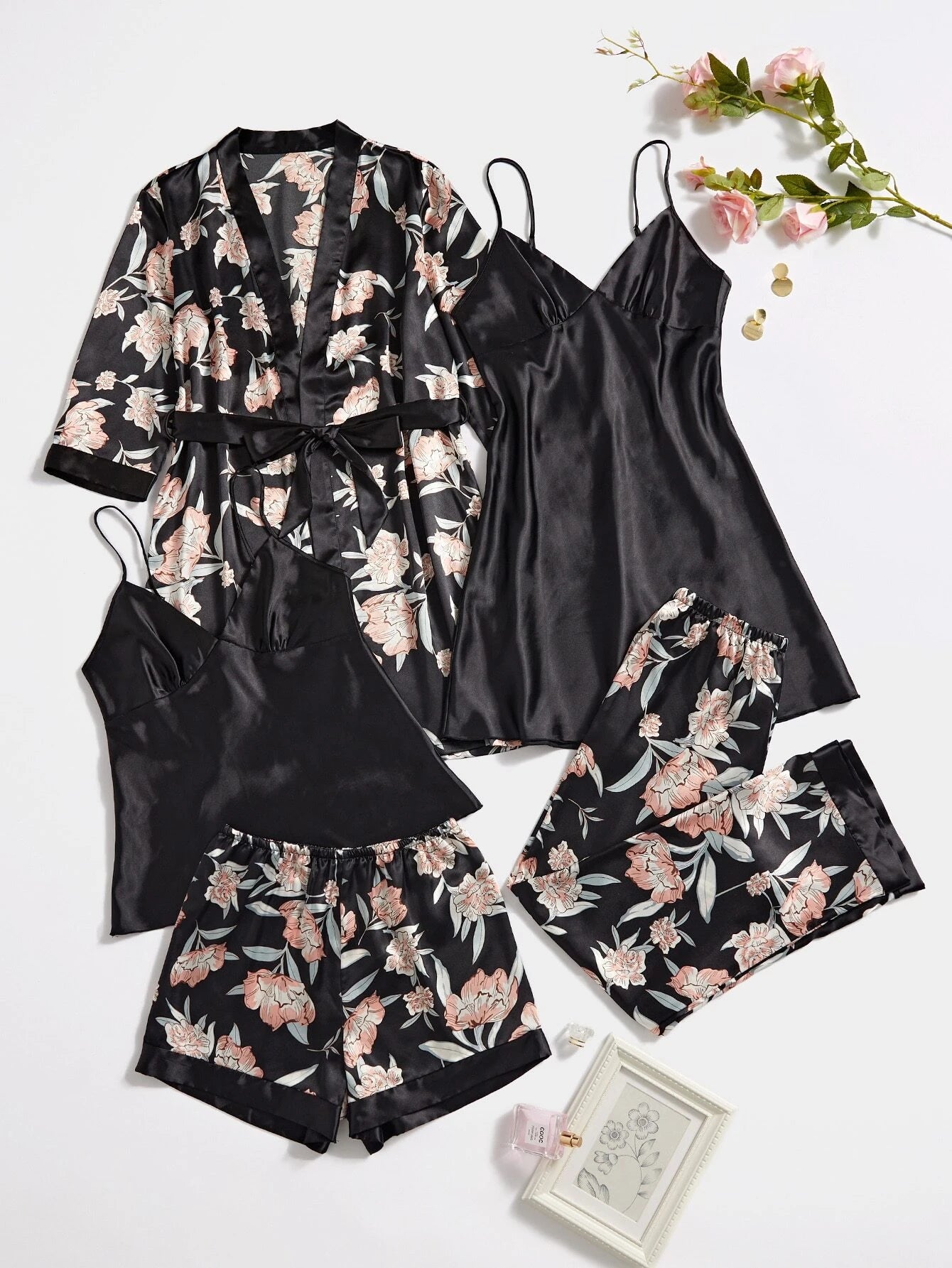 Floral Reverie 5 Piece Satin Silk Lingerie Set For Women