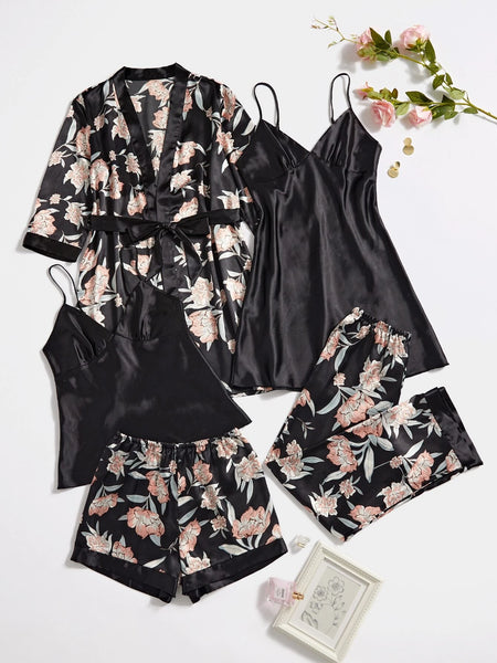 Floral Reverie 5 Piece Satin Silk Lingerie Set For Women