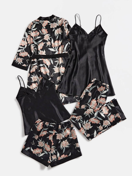 Floral Reverie 5 Piece Satin Silk Lingerie Set For Women