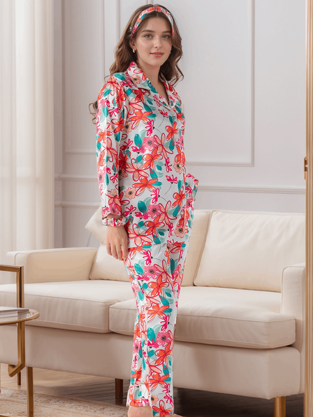 Floral Sunrise Satin Silk 5 Piece Pj Set For Women