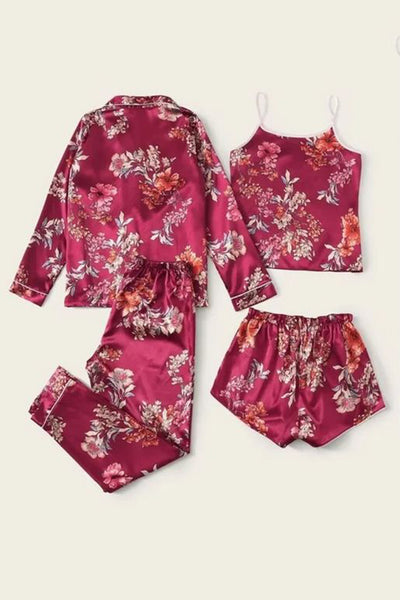 Flower Bunch 4 Piece Satin Silk Lingerie Set For Women