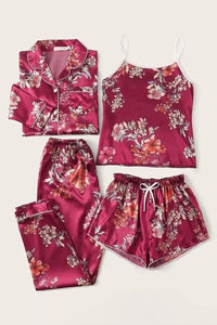 Flower Bunch 4 Piece Satin Silk Lingerie Set For Women
