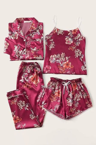 Flower Bunch 4 Piece Satin Silk Lingerie Set For Women