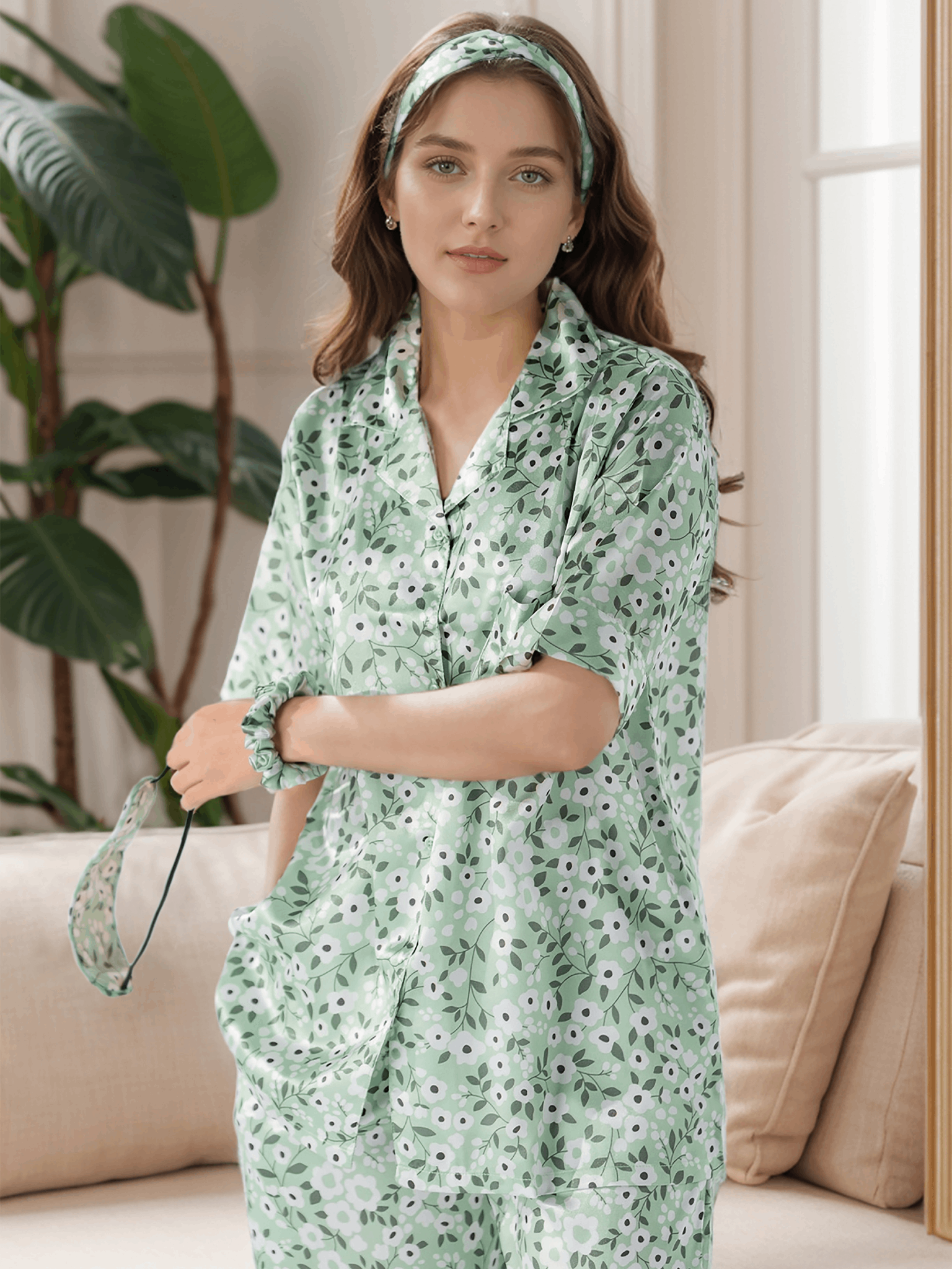 Garden Reverie Satin Silk Pj Set For Women