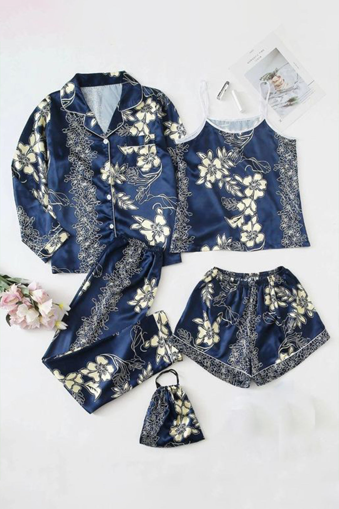 Golden Petal 7 Piece Satin Silk Lingerie Set For Women