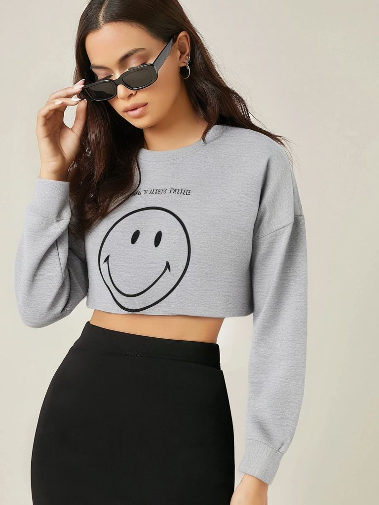 Heather Grey Smiley Face Crop Sweatshirt For Women