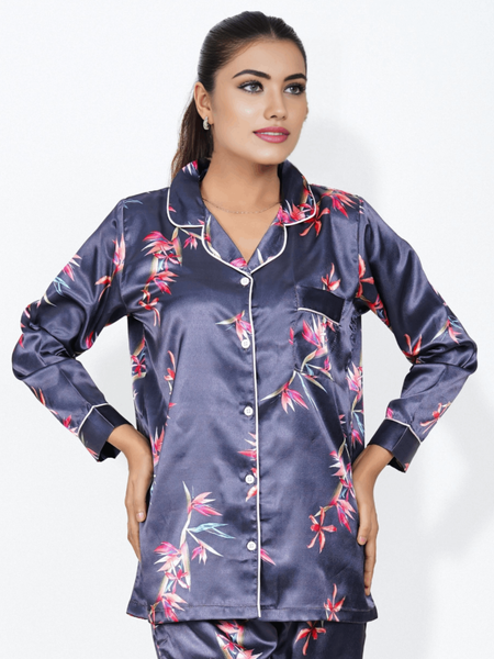 Lavender Bloom Satin Silk Pj Set For Women