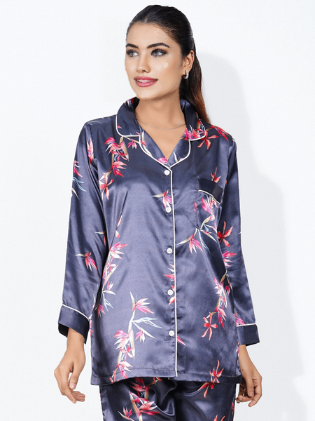 Lavender Bloom Satin Silk Pj Set For Women