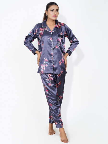 Lavender Bloom Satin Silk Pj Set For Women