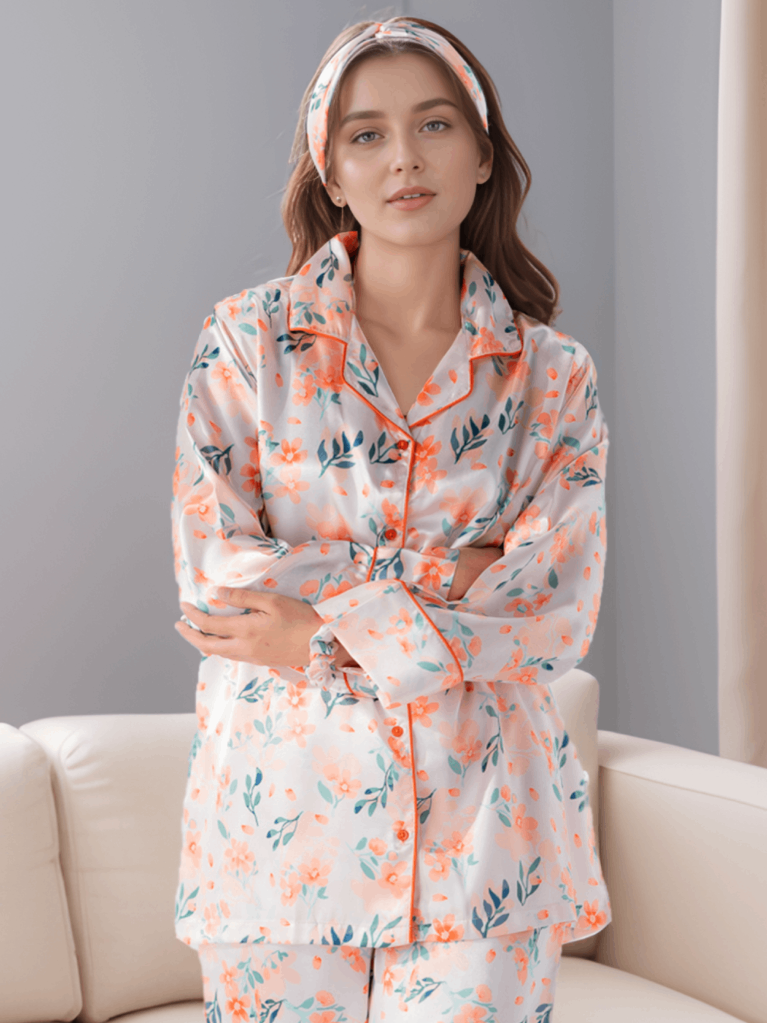 Lush Citrus Satin Silk 5 Piece Pj Set For Women