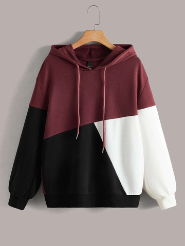Maroon Black and White Cut and Sew Kangaroo Hoodie For Women